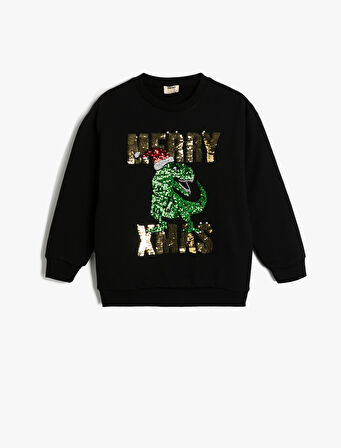 Oversize Sweatshirt Yılbaşı Temalı Pullu Payetli Dinozor Baskılı Uzun Kollu Bisiklet Yaka