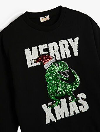 Oversize Sweatshirt Yılbaşı Temalı Pullu Payetli Dinozor Baskılı Uzun Kollu Bisiklet Yaka