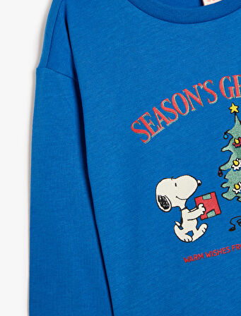 Yılbaşı Temalı Snoopy Baskılı Lisanslı Sweatshirt Uzun Kollu Bisiklet Yaka Pamuklu