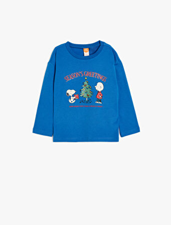 Yılbaşı Temalı Snoopy Baskılı Lisanslı Sweatshirt Uzun Kollu Bisiklet Yaka Pamuklu