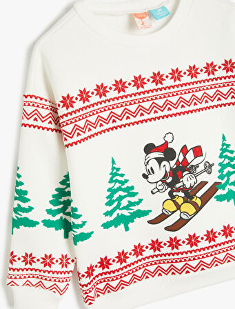 Yılbaşı Temalı Mickey Mouse Baskılı Lisanslı Sweatshirt Uzun Kollu Bisiklet Yaka Pamuklu