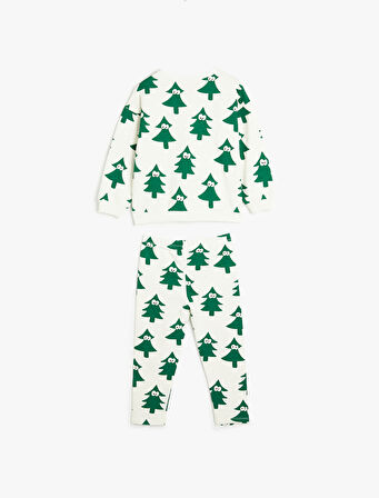 Eşofman Takımı Yılbaşı Ağacı Baskılı Pamuklu Şardonlu