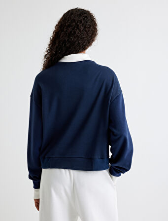 Dik Yaka Sweatshirt Baskılı Uzun Kollu Rahat Kalıp Pamuklu