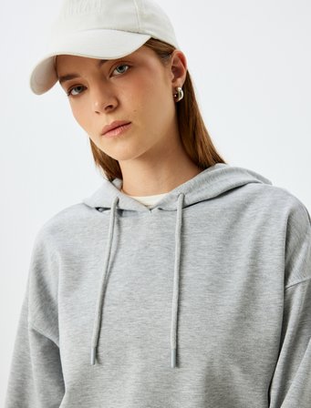 Kapşonlu Sweatshirt Basic Uzun Kollu Üç İplik Pamuklu