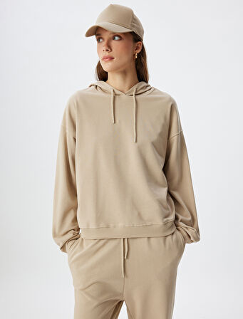 Uzun Kollu Üç İplik Pamuklu Basic Kapşonlu Sweatshirt 