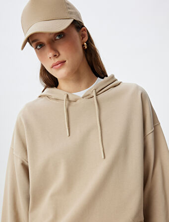 Kapşonlu Sweatshirt Basic Uzun Kollu Üç İplik Pamuklu