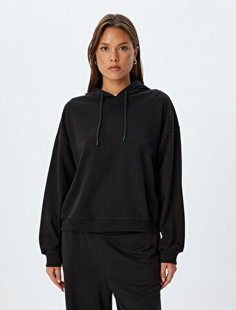 Kapşonlu Sweatshirt Basic Uzun Kollu Üç İplik Pamuklu