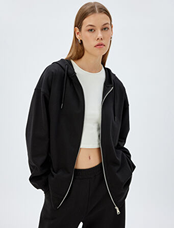 Uzun Kollu Üç İplik Pamuklu Fermuarlı Kapşonlu Sweatshirt
