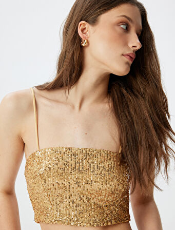 Crop Bluz Pullu Payetli İp Askılı Kare Yaka Slim Fit