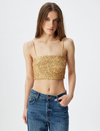 Crop Bluz Pullu Payetli İp Askılı Kare Yaka Slim Fit