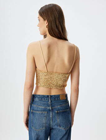 Crop Bluz Pullu Payetli İp Askılı Kare Yaka Slim Fit