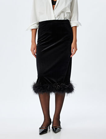 Abiye Etek Midi Kadife Tüy Detaylı Slim Fit