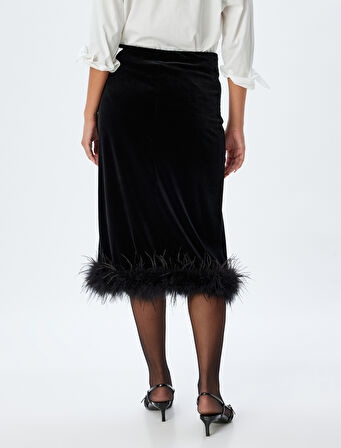 Abiye Etek Midi Kadife Tüy Detaylı Slim Fit