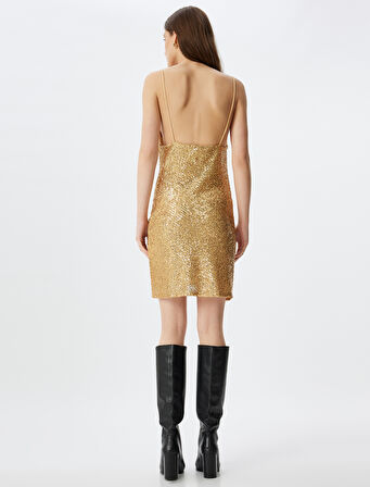 Abiye Elbise Pullu Payetli Mini Degaje Yaka İp Askılı