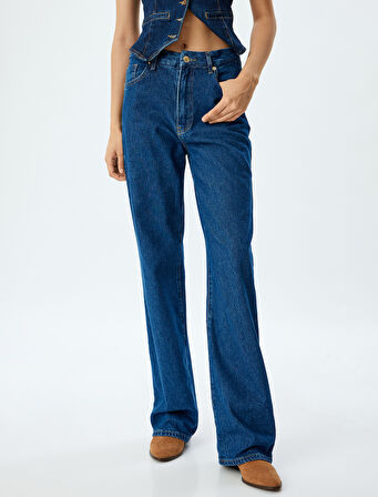 Yüksek Bel Kot Pantolon Düz Paça Düğmeli Pamuklu - Straight Fit Jean