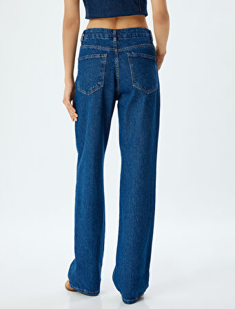 Yüksek Bel Kot Pantolon Düz Paça Düğmeli Pamuklu - Straight Fit Jean