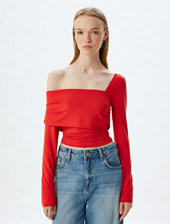 Tek Omuz Bluz Asimetrik Yaka Drapeli Uzun Kollu Slim Fit