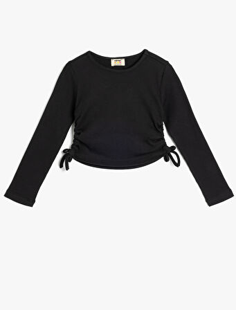 Uzun Kollu Tişört Yanları Büzgülü Bağlamalı Bisiklet Yaka Pamuklu