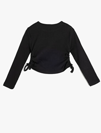 Uzun Kollu Tişört Yanları Büzgülü Bağlamalı Bisiklet Yaka Pamuklu