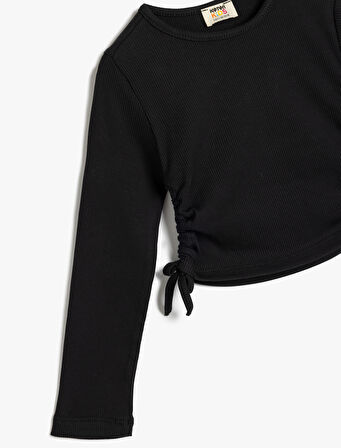 Uzun Kollu Tişört Yanları Büzgülü Bağlamalı Bisiklet Yaka Pamuklu