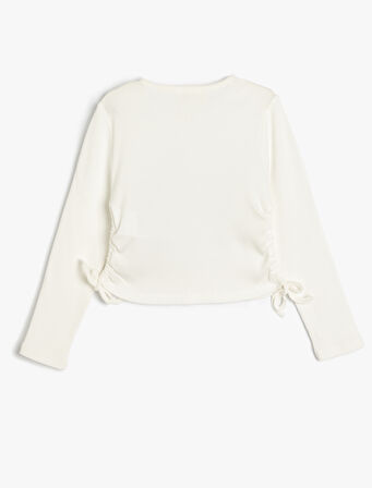 Tişört Uzun Kollu Bisiklet Yaka Yanları Büzgülü Bağlamalı Fiyonk Baskılı Pamuklu