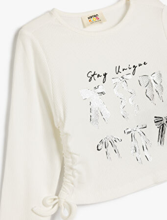 Tişört Uzun Kollu Bisiklet Yaka Yanları Büzgülü Bağlamalı Fiyonk Baskılı Pamuklu