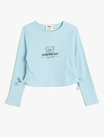 Tişört Uzun Kollu Bisiklet Yaka Yanları Büzgülü Bağlamalı Ayıcık Baskılı Pamuklu