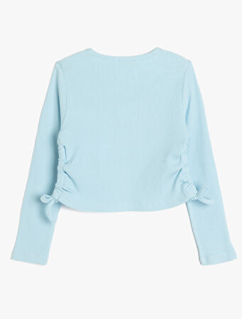 Tişört Uzun Kollu Bisiklet Yaka Yanları Büzgülü Bağlamalı Ayıcık Baskılı Pamuklu