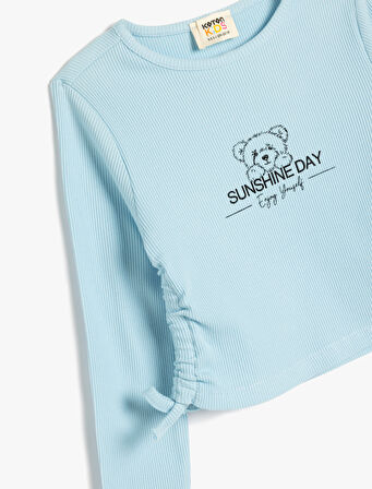 Tişört Uzun Kollu Bisiklet Yaka Yanları Büzgülü Bağlamalı Ayıcık Baskılı Pamuklu