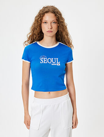 Slogan Baskılı Tişört Bisiklet Yaka Biyeli Kısa Kollu Slim Fit