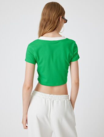 Crop Tişört V Yaka Slogan Baskılı Kısa Kollu Biyeli Slim Fit