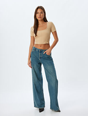 Crop Tişört Kısa Kollu U Yaka Kaşkorse Viskon Kumaş