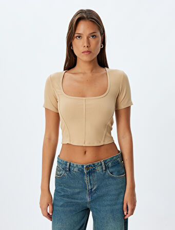 Crop Tişört Kısa Kollu U Yaka Kaşkorse Viskon Kumaş