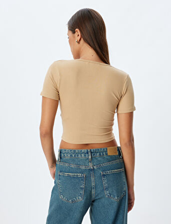 Crop Tişört Kısa Kollu U Yaka Kaşkorse Viskon Kumaş