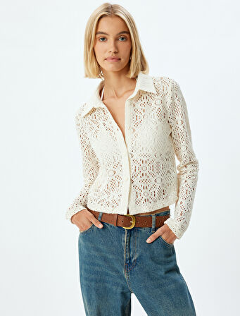 Crop Kroşe Gömlek Ajurlu Uzun Kollu Slim Fit