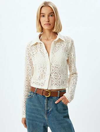 Crop Kroşe Gömlek Ajurlu Uzun Kollu Slim Fit