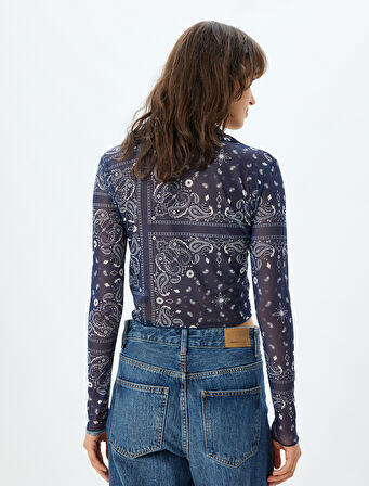 Yarı Transparan Tül Crop Gömlek Floral Desenli Uzun Kollu