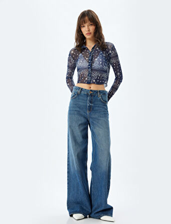 Yarı Transparan Tül Crop Gömlek Floral Desenli Uzun Kollu