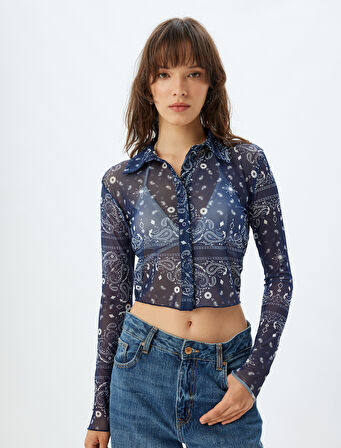 Yarı Transparan Tül Crop Gömlek Floral Desenli Uzun Kollu