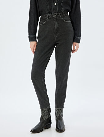 Mom Fit Kot Pantolon Standart Bel Kısa Paça Düğmeli Cepli Pamuklu - Mom Fit Jeans