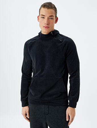 Spor Sweatshirt Boxy Kapşonlu Polar Kalın Kumaşlı Fermuar Detaylı Kanguru Cepli