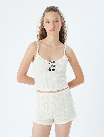 Askılı Crop Pijama Üstü Kiraz Baskılı Pamuklu