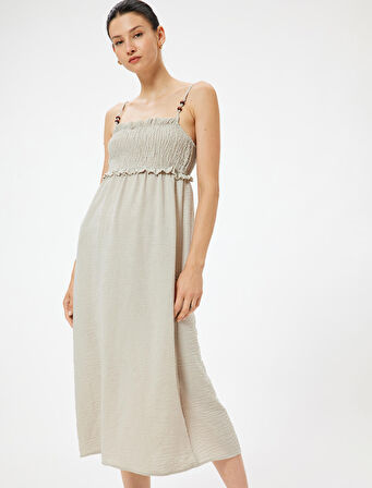 İnce Askılı Midi Boy Fırfırlı Elbise Gipeli Boncuk Detaylı 