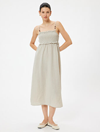 İnce Askılı Midi Boy Fırfırlı Elbise Gipeli Boncuk Detaylı 