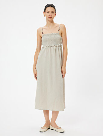 İnce Askılı Midi Boy Fırfırlı Elbise Gipeli Boncuk Detaylı 