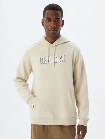 Kapşonlu Sweatshirt Slogan Baskılı Kanguru Cep Detaylı Şardonlu Pamuk Karışımlı