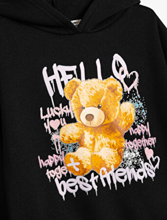 Kapşonlu Sweatshirt Ayıcık Baskılı Şardonlu Slogan Temalı