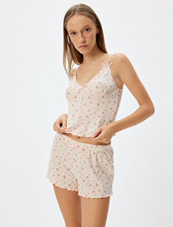 Çiçekli Askılı Crop Pijama Üstü Fiyonk Detaylı Pamuklu