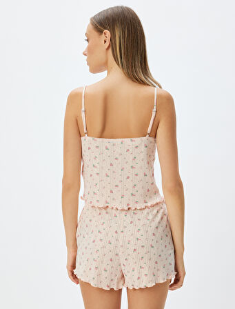 Çiçekli Askılı Crop Pijama Üstü Fiyonk Detaylı Pamuklu