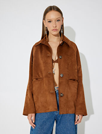 Süet Görünümlü Ceket Cep Detaylı Fermuarlı Klasik Yaka